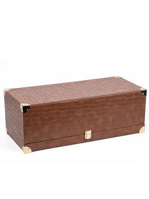 Détail du cuir de crocodile et des finitions dorées du coffret.