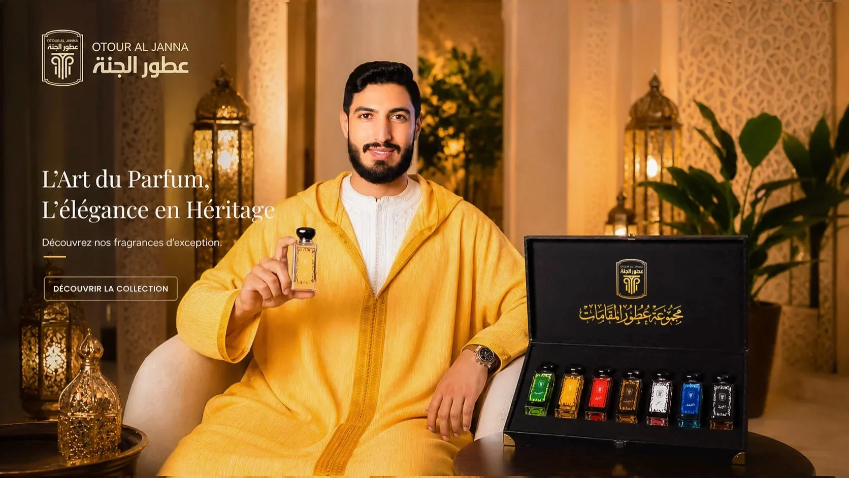 Homme en djellaba marocaine traditionnelle présentant le coffret de luxe Édition Noire Al Makamat par Otour Al Janna.
