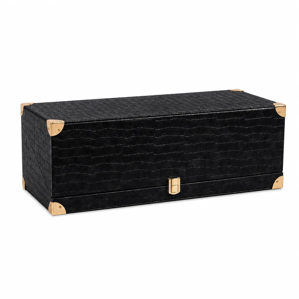 Détail du cuir noir et des finitions dorées du coffret Otour Al Janna.