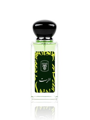 Bouteille élégante du parfum Al Rast de Otour Al Janna avec design vert foncé.